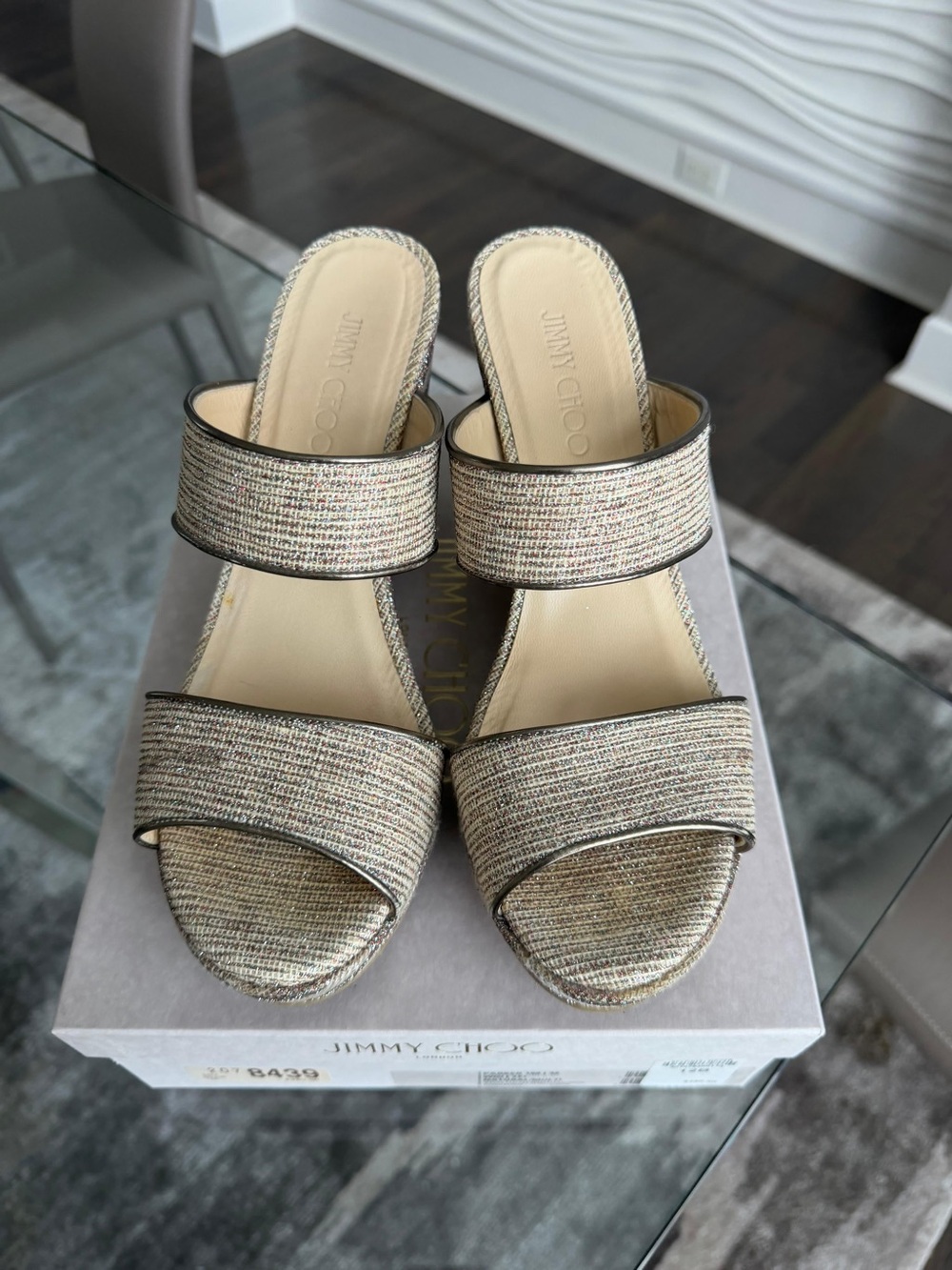 Jimmy Choo Metallic Gold Multi-Textured Wedge Sandals - Picture 3 of 4